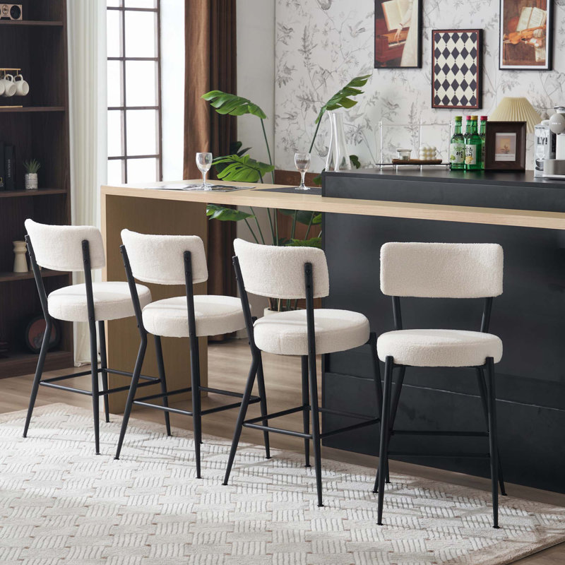 Set of 4 Modern Teddy Fabric Upholstered Bar Stools - Metal Base High Stool - Suitable for Kitchen, Dining and Living Room,Stylish and Comfortable Island Seating