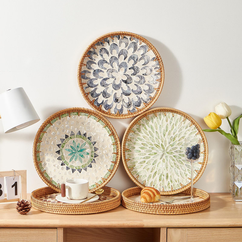 Round Rattan Tray with Mother of Pearl Inlay and Wooden Base