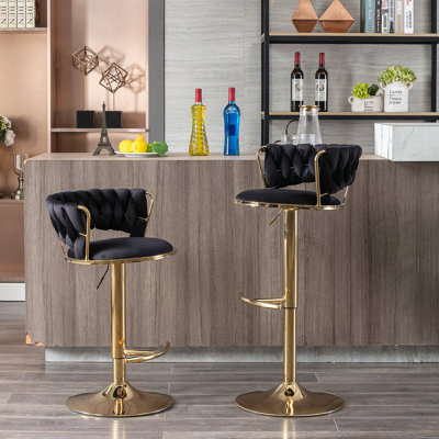 Ensemble de 2 tabourets de bar, avec repose-pieds et base pivotante en velours à hauteur réglable et tabouret de bar simple chromé