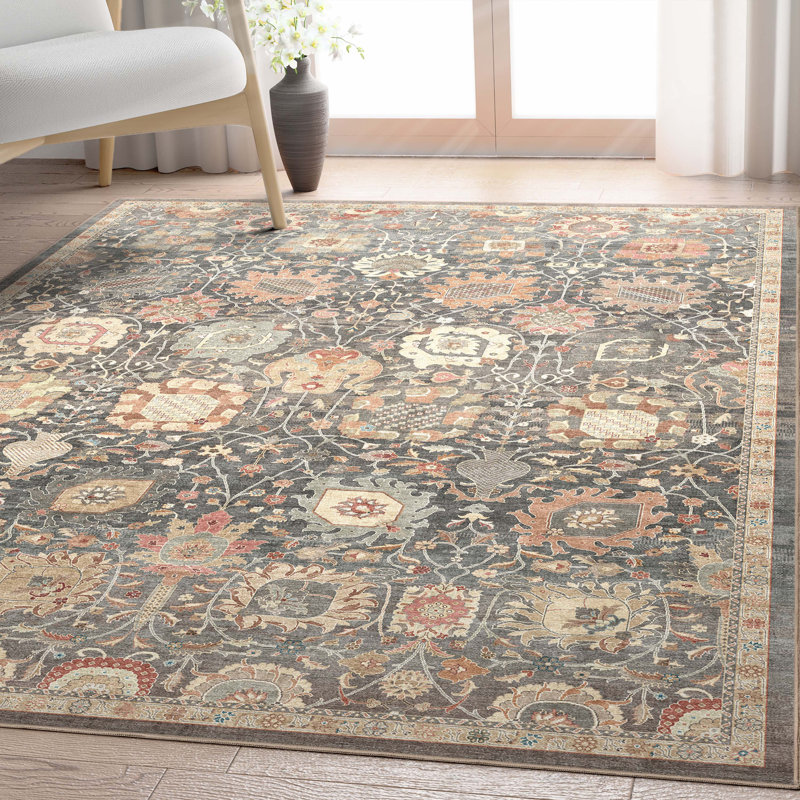 Bungalow Rose Aylena Traditional Oriental Botanical Gray Beige Area Rug, Rectangle 5'3" x 7'3"