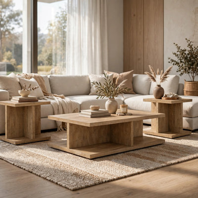 Chet 3pc Coffee and End Table Set, Open Shelves, Brown Mango Laminate