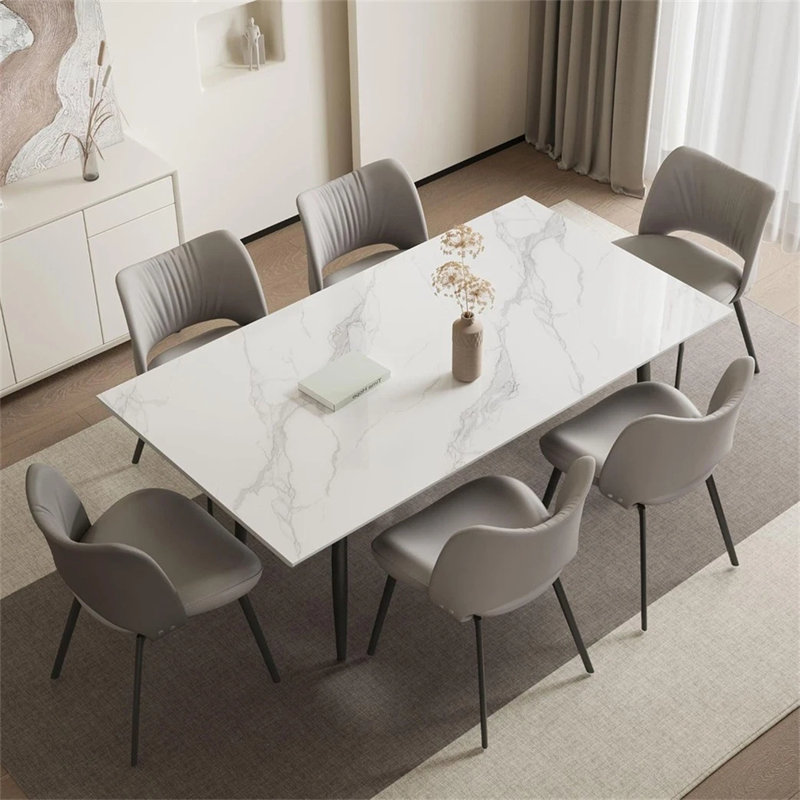 Annagh Stone Top Metal Base Dining Table, Gloss White, 30"H x 47.2" L x 27.5" W