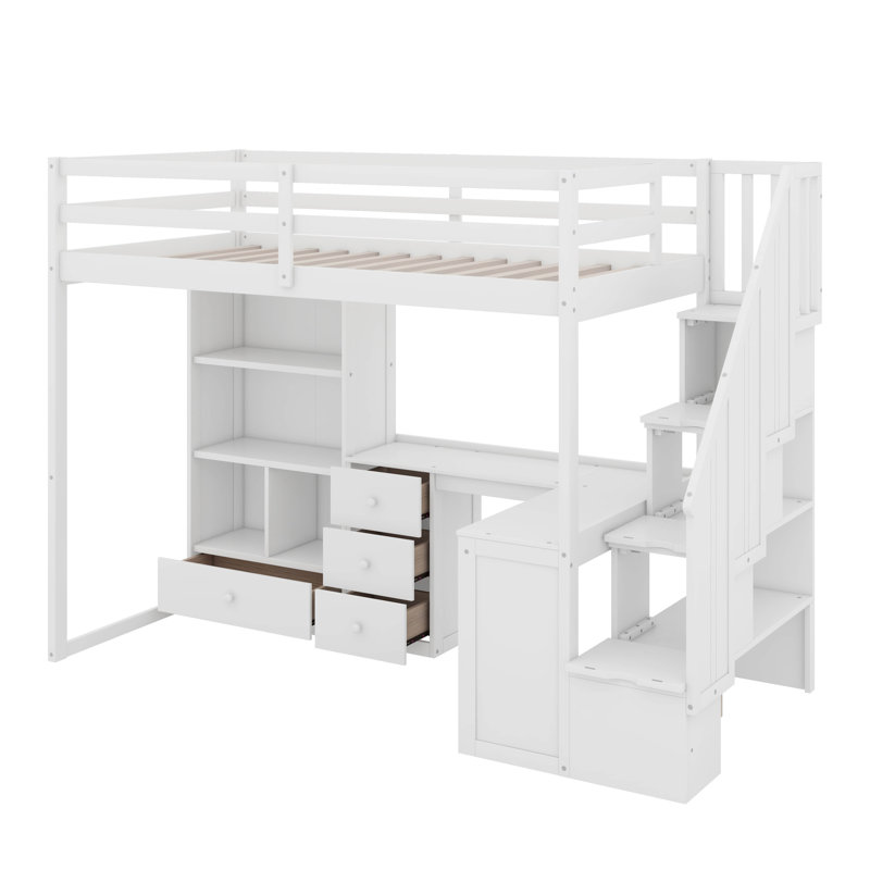 Lit mezzanine simple avec bureau en L et tiroirs, Blanc