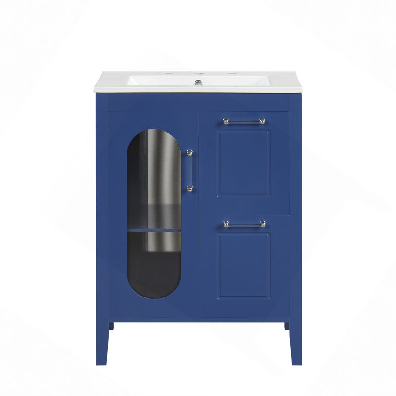 Meuble-lavabo 24 po avec lavabo, meuble-lavabo avec deux tiroirs et porte, tablette réglable, bois massif et panneau de fibres à densité moyenne