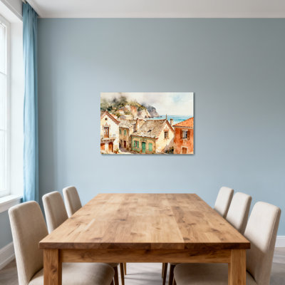 Scenic & Cityscapes Mediterranean Village Coastal Scene Watercolor Art