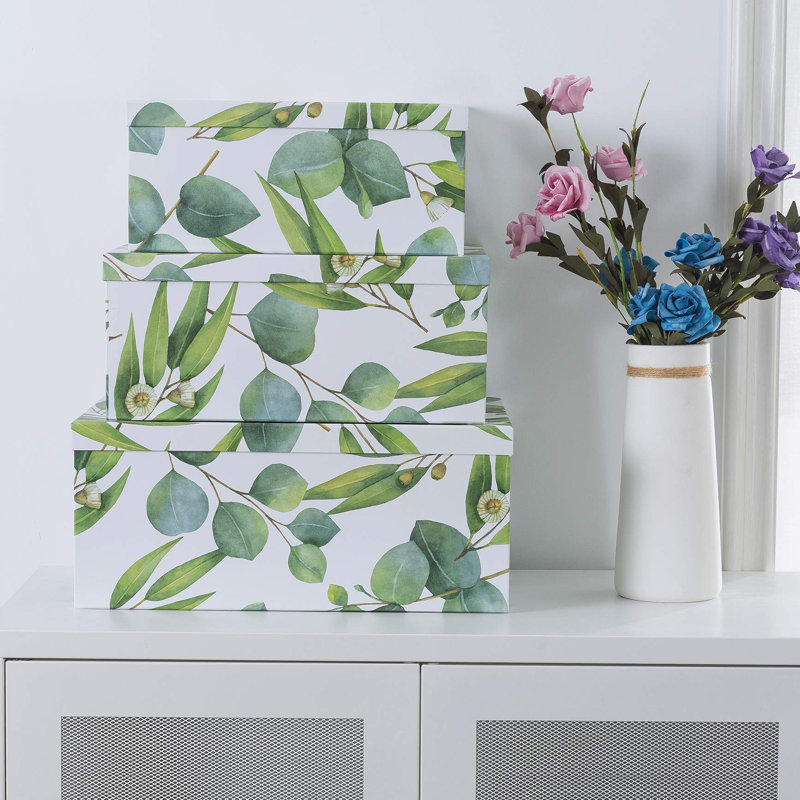 Decorative Cardboard Boxes With Lids For Home Décor - Sprigs Of Green - Set Of 3: Large Nesting Gift Boxes, Pretty Paperboard Storage Boxes For Organizing, Memory Boxes For Keepsakes