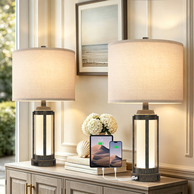 Lampe de table 24 po moderne en métal et verre avec veilleuse et ports USB Type-C 24 po