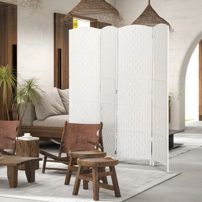 Room Divider, 4 Panel Folding Privacy Screen, 6FT Tall Portable Wicker Weave Partition Wall Divider for Bedroom, Home Office, White