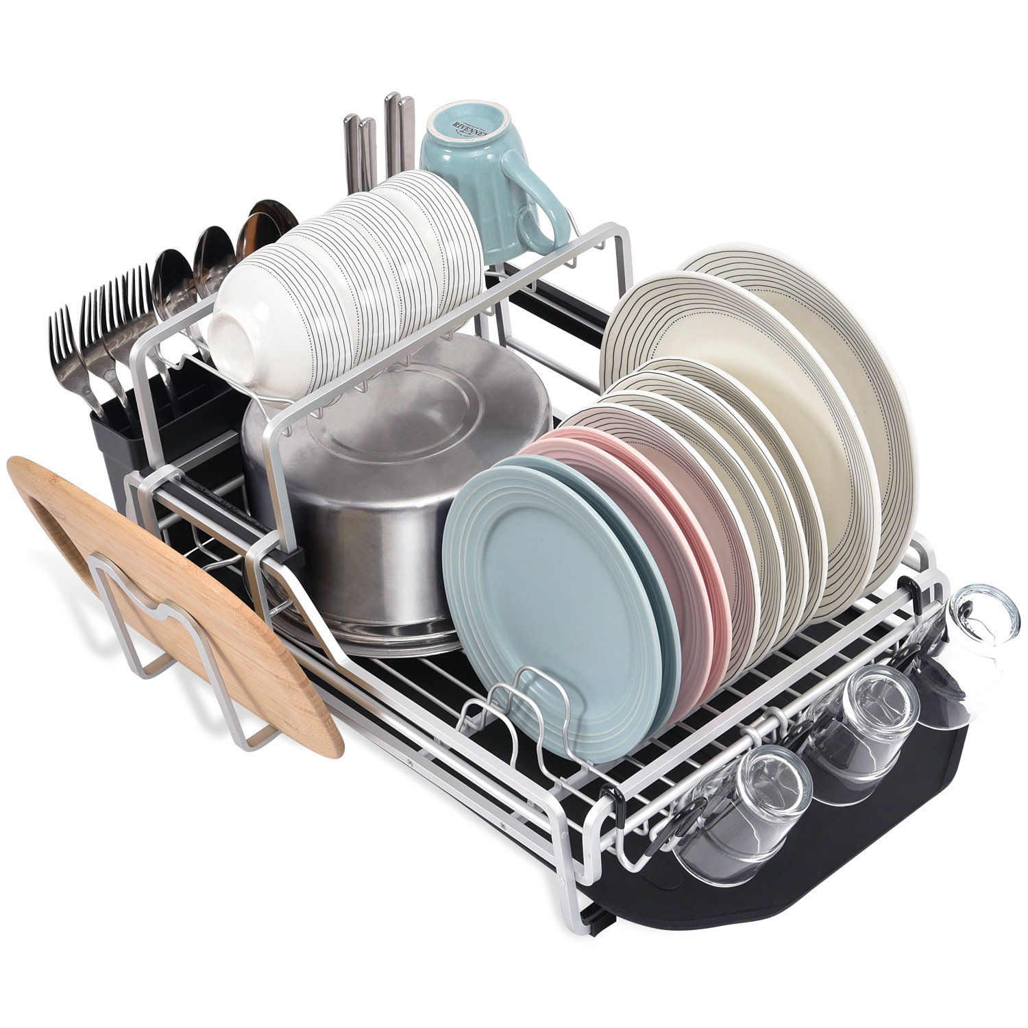 KINGRACK Aluminum Dish Drying Rack,Large Dish Rack and Drain Board  Set,Kitchen Dish Rack