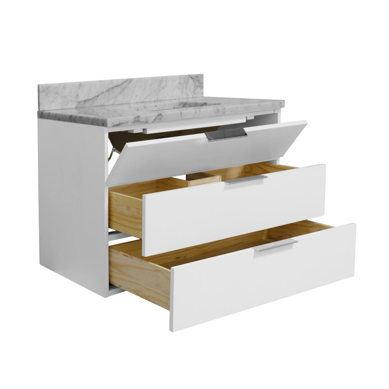Ensemble de meuble-lavabo simple mural 36 po Mitchell, Marbre de Carrare, Blanc