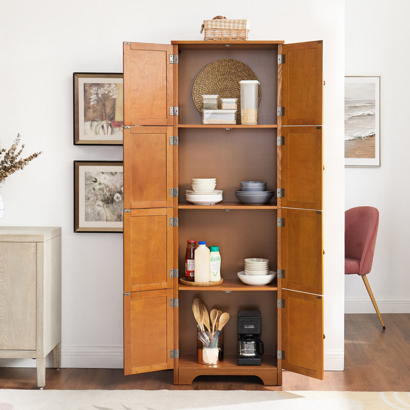 Armoire de rangement de 72,4 po de hauteur en chêne, 8 portes et 4 tablettes. Pour plusieurs pièces. Finition lisse, structure stable et divers réglages. Robuste