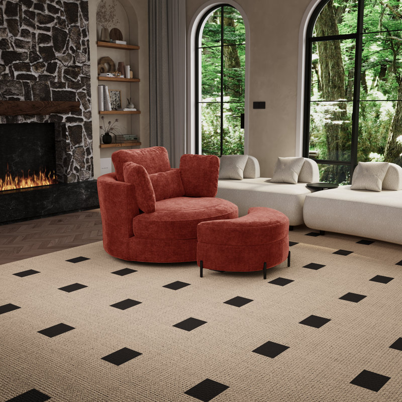 50" W Oversized Upholstered Swivel Barrel Chair With Ottoman, Terracotta