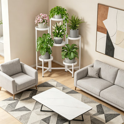 Grand support à plante à 6 niveaux avec plateaux de 7,9 pouces de large, étagère à fleurs en métal à niveaux pour l'extérieur, support pliable pour salon de véranda, blanc
