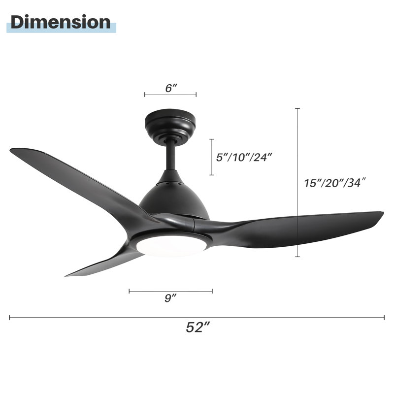 Ventilateur de plafond moderne à 3 pales de 52 pouces avec lumières DEL et télécommande Lakenzie, Noir, Noir