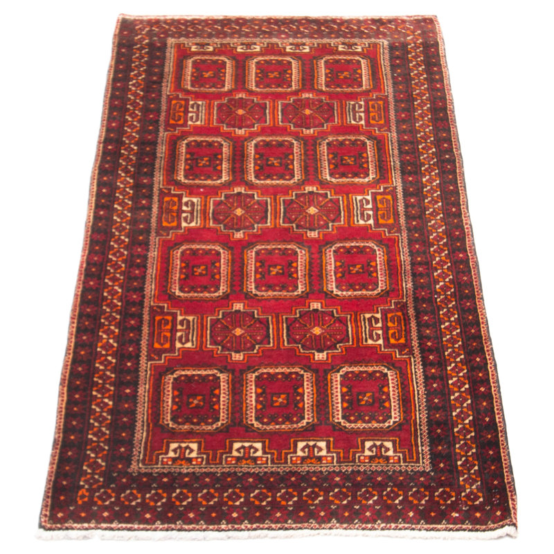Tapis de couloir unique en laine noué à la main nouvel âge 3 pi 0 po x 6 pi 5 po Elsby en rouge / noir / jaune