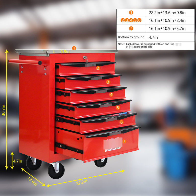 6 tiroirs, chariot à outils, roues, entrepôt de garage, acier, comptoir en acier lisse, verrouillage universel, rangement pour clés de protection - glissières de tiroir à roulement, 4 poignées à tirer, mouvement facile