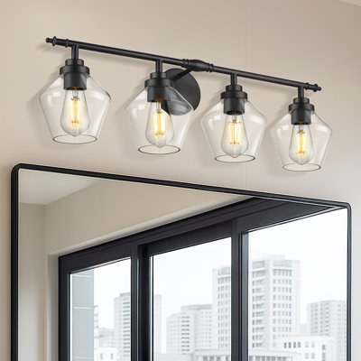 Luminaire pour salle de bain à 4 lumières avec abat-jour en verre transparent, noir