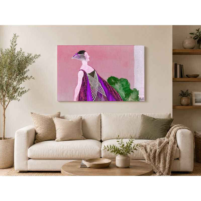Élégante figure en robe mauve - paysage, art mural sur toile, 14" W x 11" H