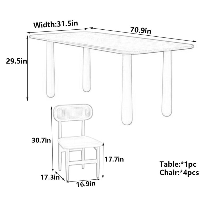 Table de salle à manger rectangulaire en bois massif, pieds robustes, H 29,5 po x L 70,9 po x l 31,5 po