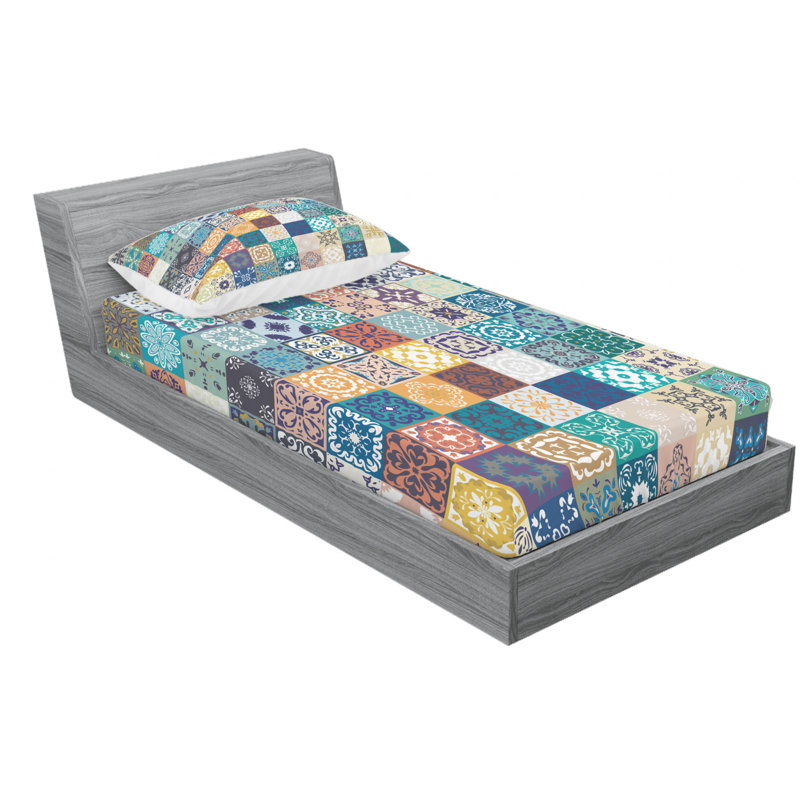 Microfiber Patchwork Sheet Set, Twin XL Sheet Set + Fitted Sheet + 2 Pillowcases, Blue Patchwork