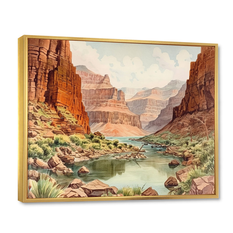 Paysage de canyon sur toile, 34" H x 44" W, Cadre flottant doré
