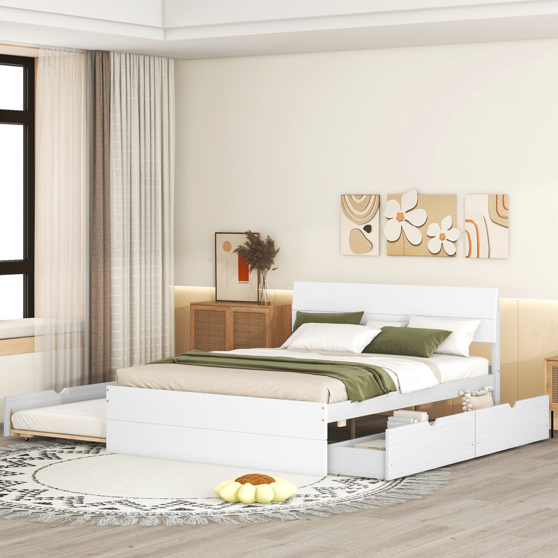 Structure de lit de taille moderne avec lit gigogne simple et 2 tiroirs pour un rangement efficace en blanc ultra brillant