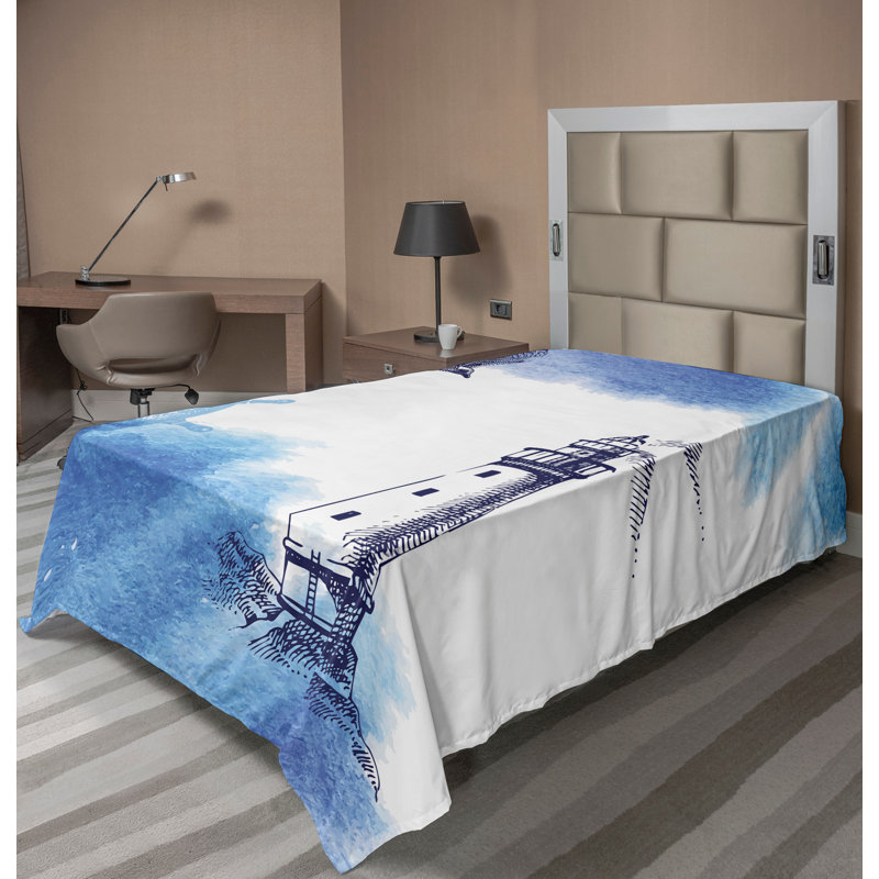 Ambesonne Lighthouse Top Flat Sheet Handdrawn Art Anchor Blue and White, Twin XL