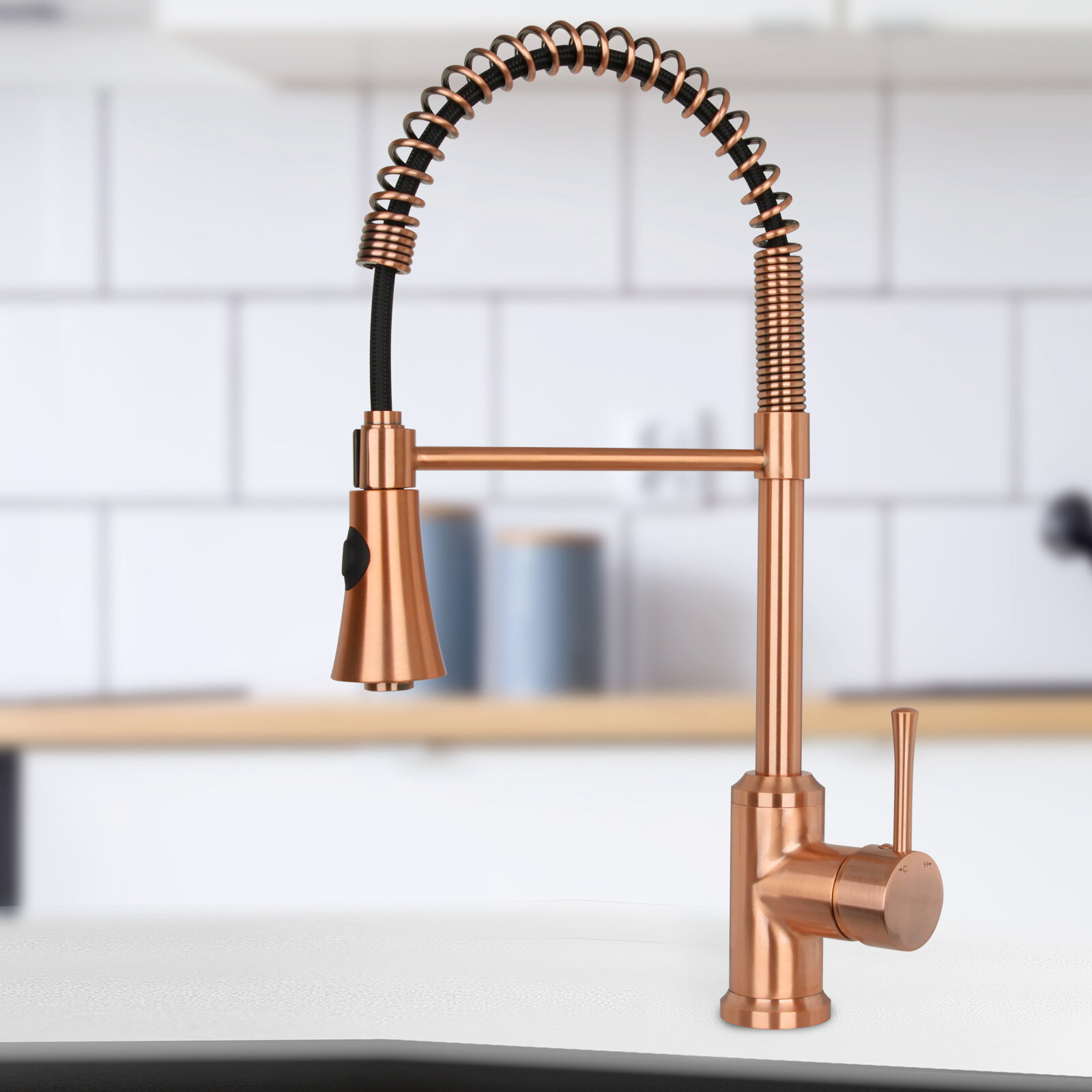 Copper Pre-Rinse Spring Kitchen Faucet, Single Level Solid Brass