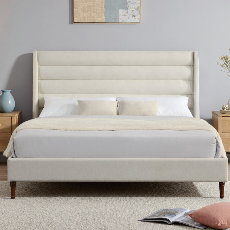 Upholstered Platform Bed Frame with High Wave-Shaped Headboard, Premium Chenille Fabric in Ivory, Modern Minimalist Design with 12 Wood Slats & 1000 lb Capacity