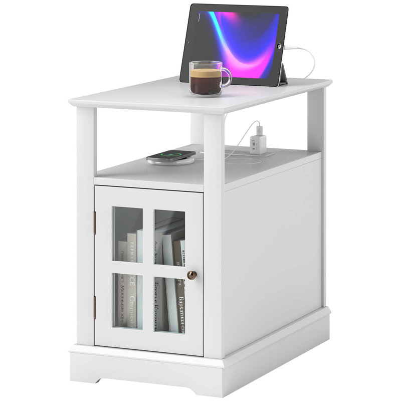 Table de bout fonctionnelle avec station de charge, offrant un rangement caché et une tablette ouverte pour une organisation facile dans les espaces de vie