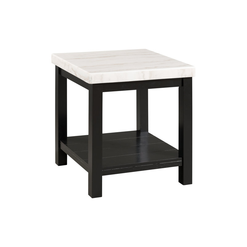 Transitional Black and White Marble Square End Table with Shelf