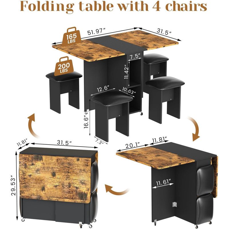 Ensemble de table de salle à manger pliable pour 4 personnes, table de salle à manger à abattants avec 4 chaises rembourrées et 2 tablettes, table de cuisine pliable peu encombrante avec 6 roulettes pour les petits espaces,
