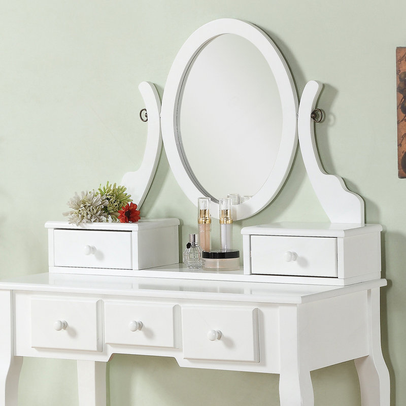 Ensemble coiffeuse et tabouret en bois, Blanc