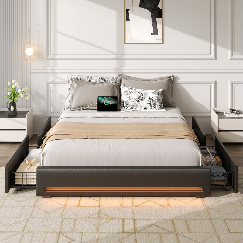 Platform Bed Frame with 4 Storage Drawers, Upholstered Bed with Outlets and LED Lights, No Headboard