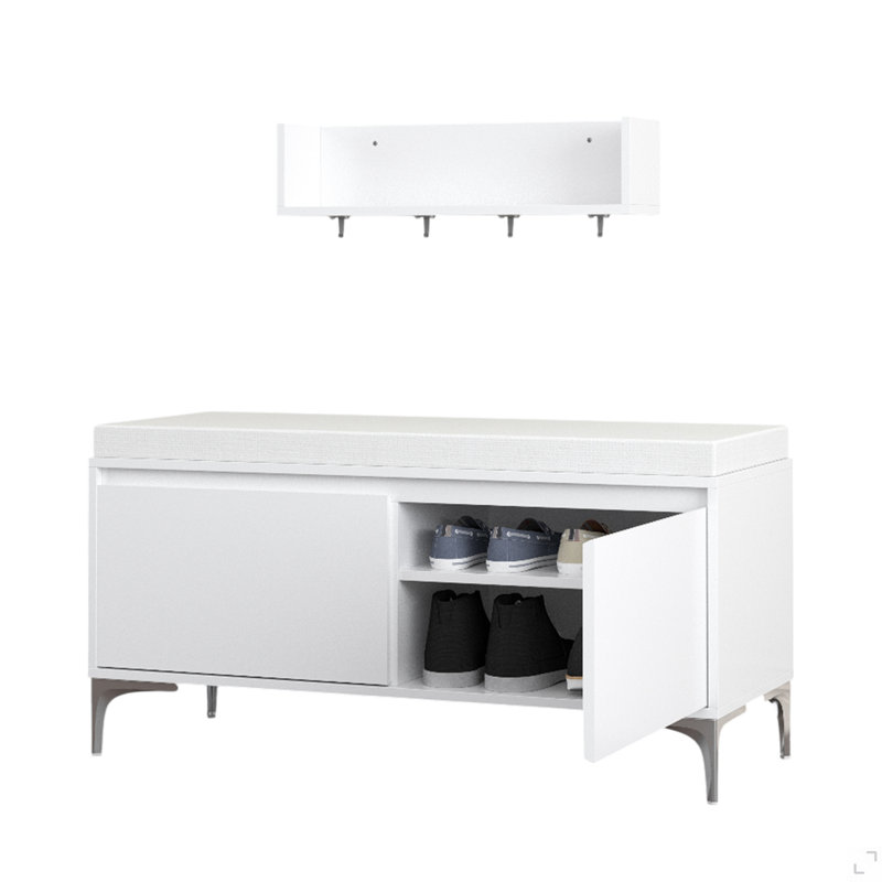 Étagère de hall d'entrée murale avec crochets et banc de rangement, armoire à chaussures blanche moderne avec coussin et rangement fermé pour le couloir, la chambre à coucher ou le vestibule