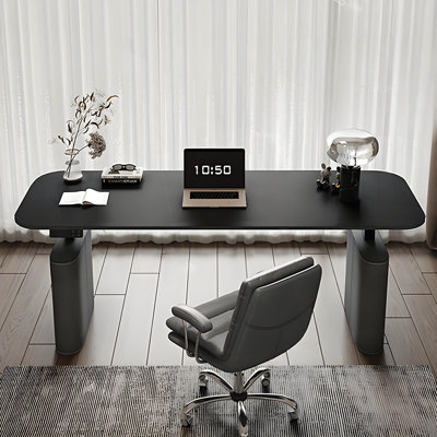 Italian Minimalist Oval Black Sintered Stone Height Adjustable Desk, Home Study & Bedroom Computer Table