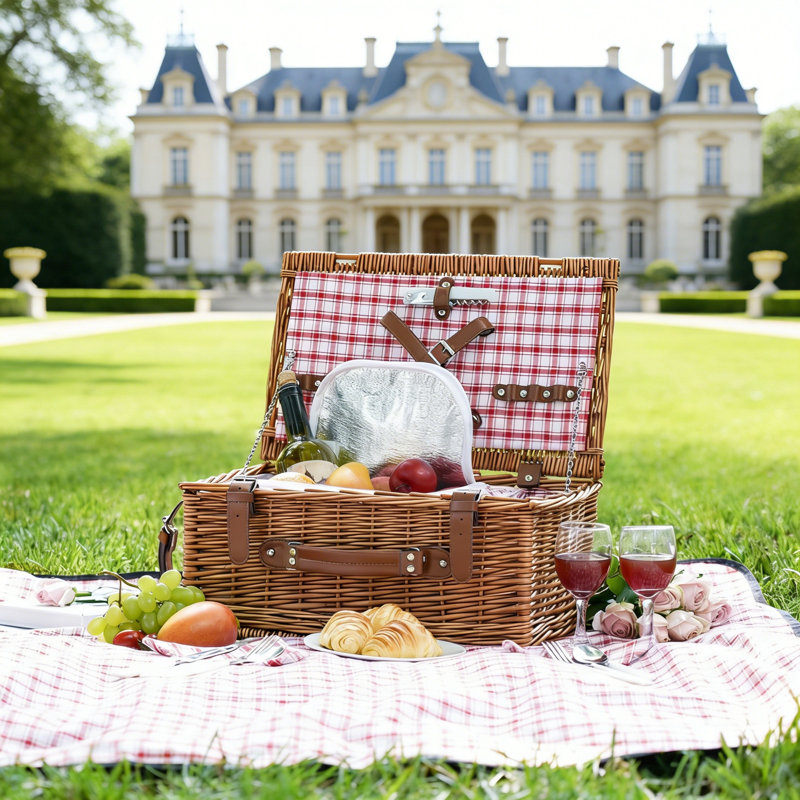 Wicker Picnic Basket Set For 2 With Waterproof Blanket & Insulated Cooler, Willow Hamper With Cutlery Kit For Camping & Weddings (Red)