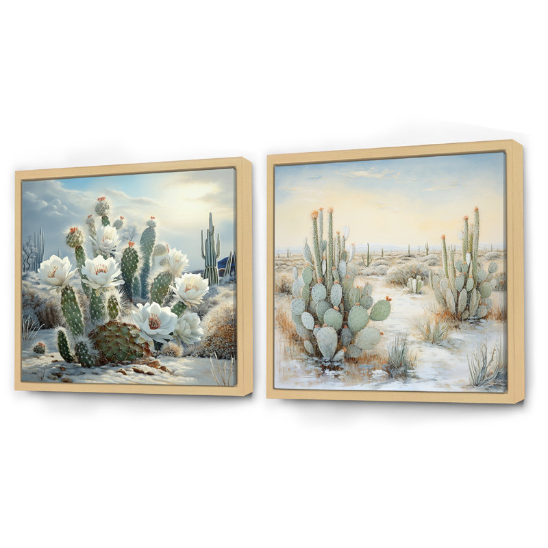 Cactus Charm In Winter - Cactus carré, ensemble de 2 collages, Cadre flottant brun, H 30 po x l 61 po