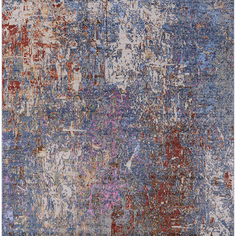 Tapis abstrait bleu / brun clair / rouge Bruin, Carré 6 pi