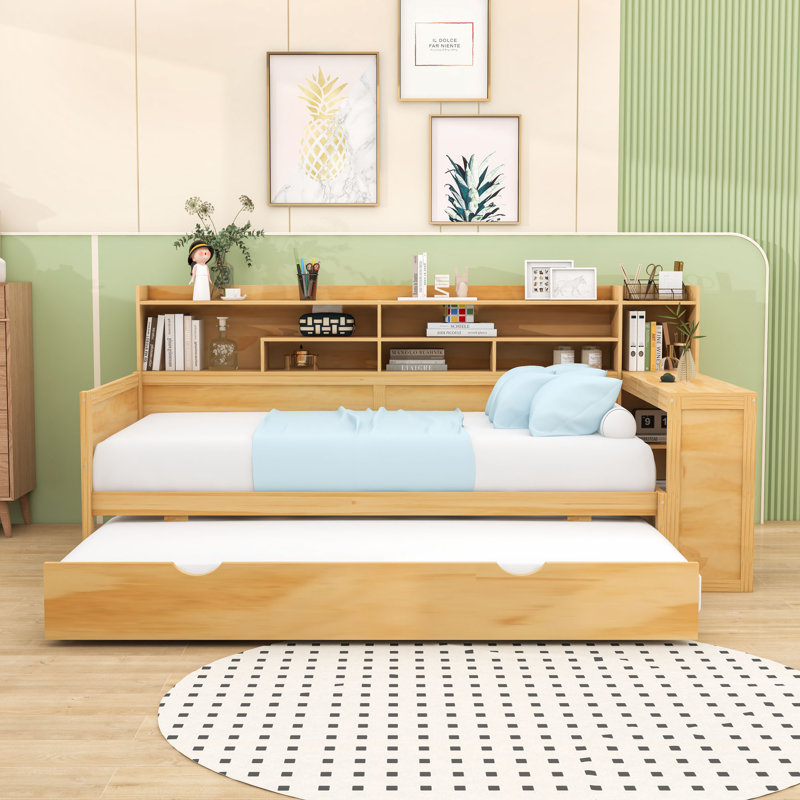 Lit de jour avec couchette, tablettes de rangement et bureau d'étude, Naturel, Lit simple