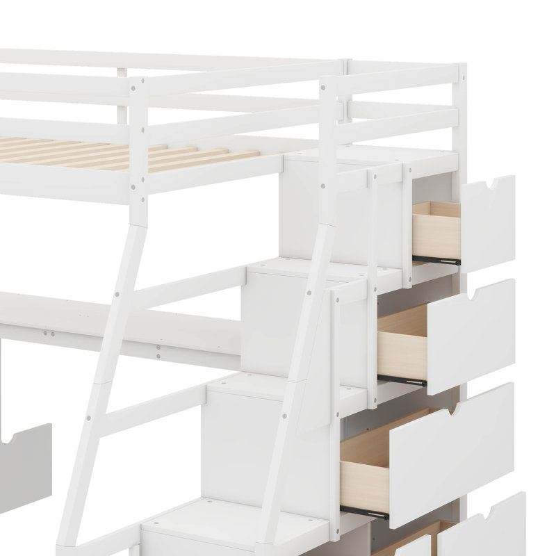 Full-Size Raised Bed Featuring 7 Drawers, 2 Display Shelves, And A Work Desk, Full, White