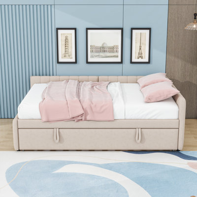 Full Upholstered Wood Slats Daybed with Twin Trundle