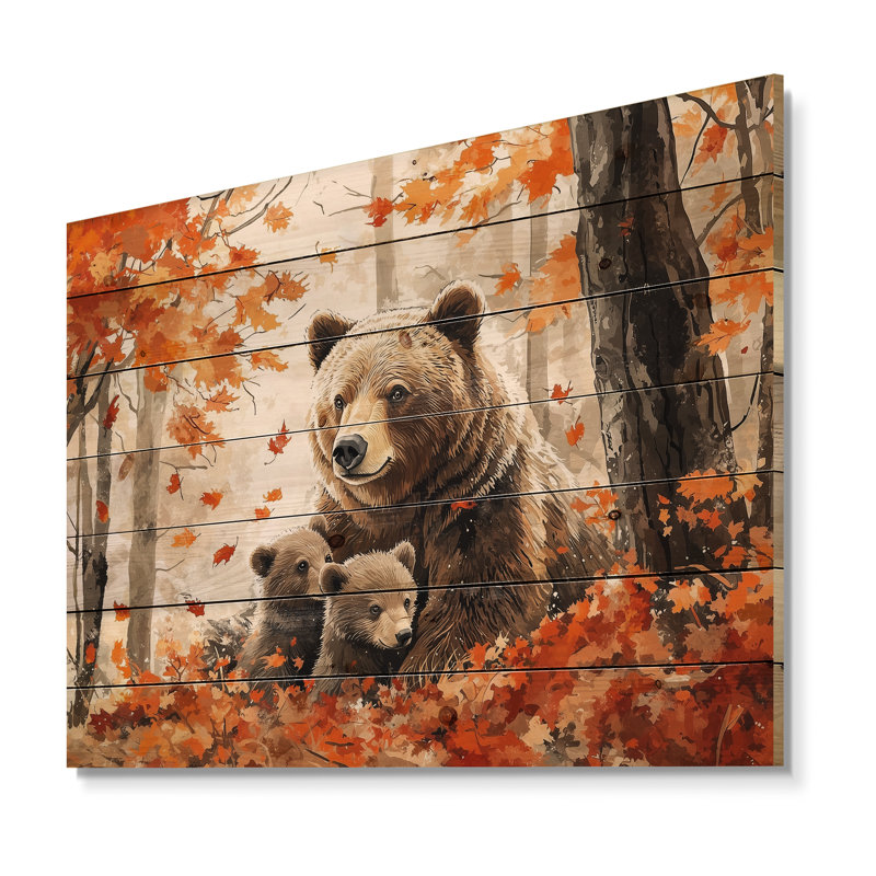 Mère ours avec des oursons en automne II - Art mural en bois d'ours - sur bois de pin naturel, H 34 po x l 44 po x P 0,78 po