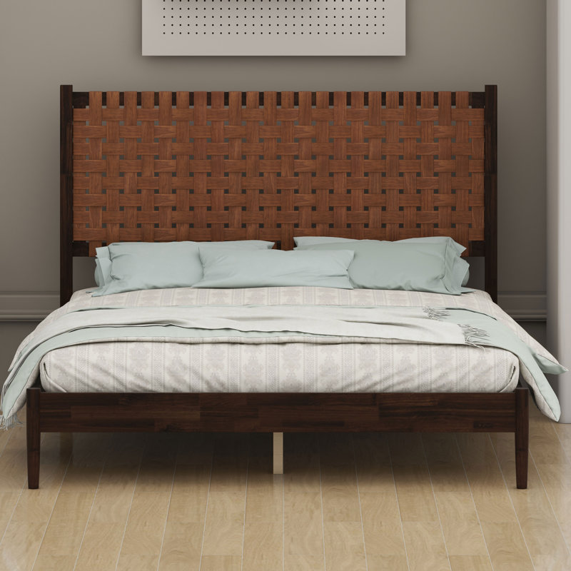 Lit Mid-Century moderne avec tête de lit et base de lit en cuir végétalien tissé à la main, Marron foncé