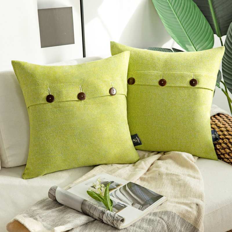 Linen Square 18" Throw Pillow Cover with Coconut Shell Button Closure, 18" x 18", Yellow Green, Pillow Cover Only - No Insert