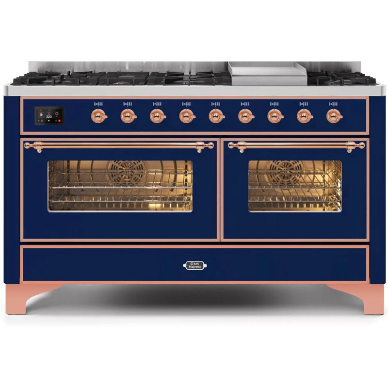 ILVE UM15FDNS3BGG Majestic II 60 inch Dual Fuel Range with 9 Burners, Griddle (Natural Gas, Triple Glass Door, Blue Grey, Brass)