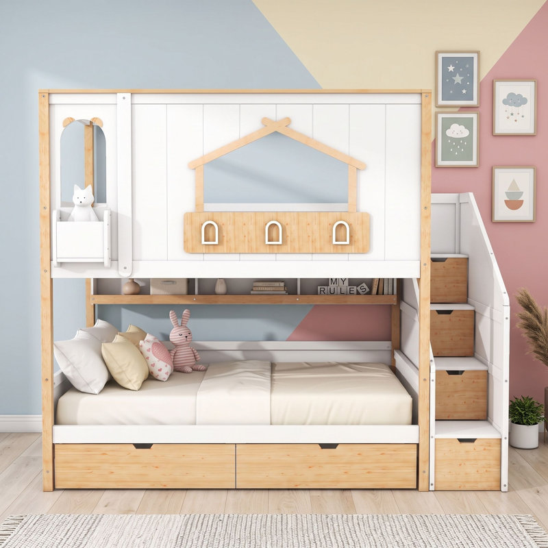 Lit superposé en bois avec escalier de rangement, deux tiroirs sous le lit et étagères ouvertes, Double sur double