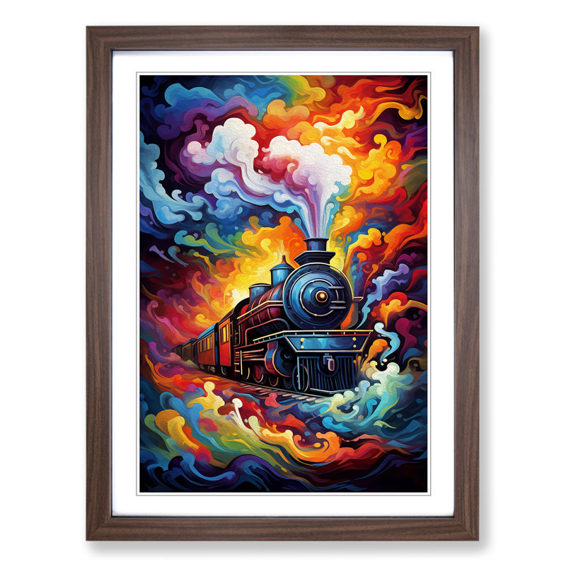 Steam Train Abstract - Single Picture Frame Print on Wood, 64cm H x 46cm W x 2cm D, Walnut