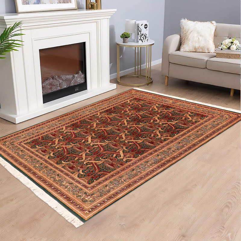 Tapis oriental vert / brun clair / rouge en laine noué à la main 5 pi 5 po x 8 pi 1 po Parand