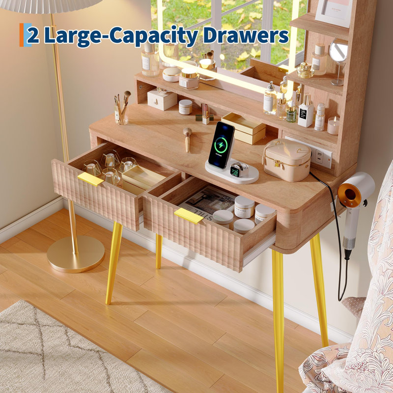 Bureau de coiffeuse cannelé avec miroir et lumières, petite armoire de rangement pour meuble-lavabo 31 po et 2 tiroirs, 3 modes d'éclairage, coiffeuse élégante pour la chambre à coucher